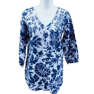 NWT Carla Conti S embroidered tunic blue white